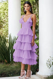 Lilac Spaghetti Straps A Line Tiered Chiffon Long Formal Dress with Ruffles