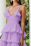 Lilac Spaghetti Straps A Line Tiered Chiffon Long Formal Dress with Ruffles