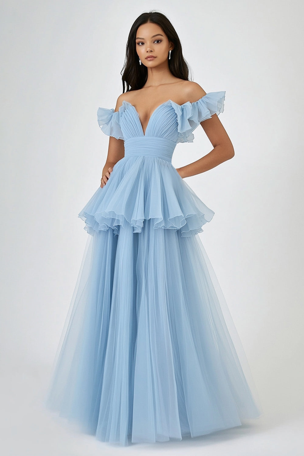 Sky Blue Tulle Off The Shoulder Ruffled A Line Tiered Long Formal Dress