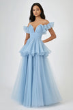 Sky Blue Tulle Off The Shoulder Ruffled A Line Tiered Long Formal Dress