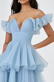 Sky Blue Tulle Off The Shoulder Ruffled A Line Tiered Long Formal Dress