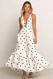 White V-Neck A Line Long Summer Dress with Black Dots