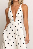 White V-Neck A Line Long Summer Dress with Black Dots