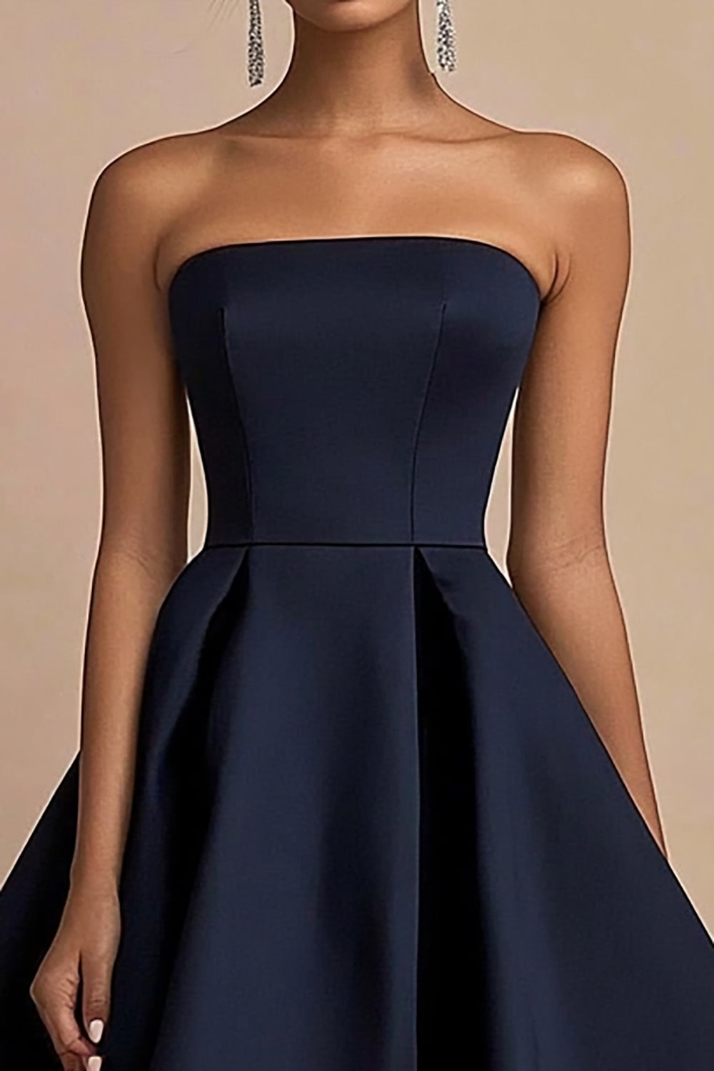 Navy Strapless A Line Satin Midi Formal Dress