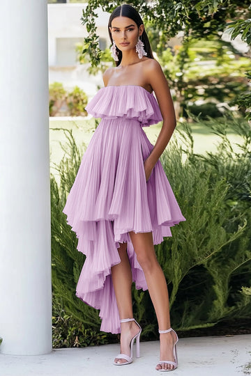 Lilac Strapless Chiffon Pleated A Line Midi Formal Dress with Ruffles