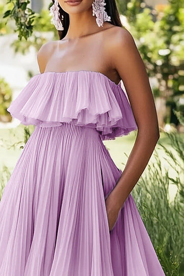 Lilac Strapless Chiffon Pleated A Line Midi Formal Dress with Ruffles
