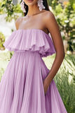 Lilac Strapless Chiffon Pleated A Line Midi Formal Dress with Ruffles