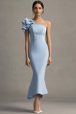 Sky Blue Satin One Shoulder Ruffled Mermaid Long Formal Dress