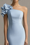 Sky Blue Satin One Shoulder Ruffled Mermaid Long Formal Dress