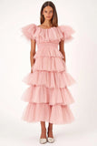 Pink A Line Tulle Tiered Ruffled Long Formal Dress with Short Sleeves