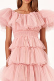 Pink A Line Tulle Tiered Ruffled Long Formal Dress with Short Sleeves