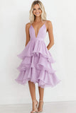 Lilac Spaghetti Straps Chiffon A Line Tiered Midi Formal Dress
