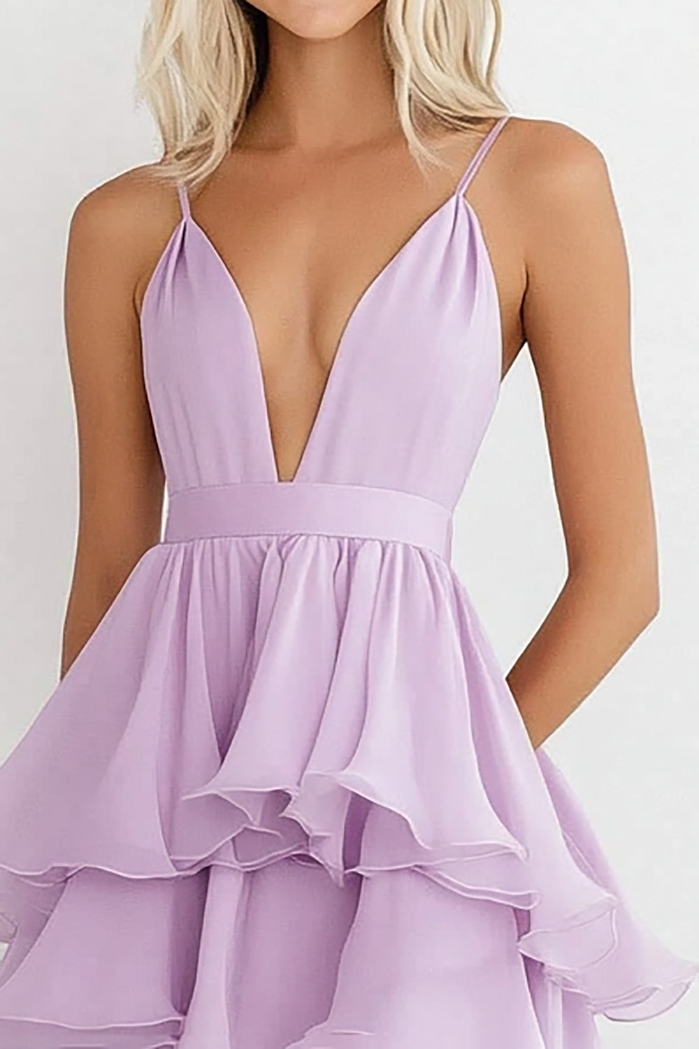 Lilac Spaghetti Straps Chiffon A Line Tiered Midi Formal Dress