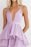 Lilac Spaghetti Straps Chiffon A Line Tiered Midi Formal Dress