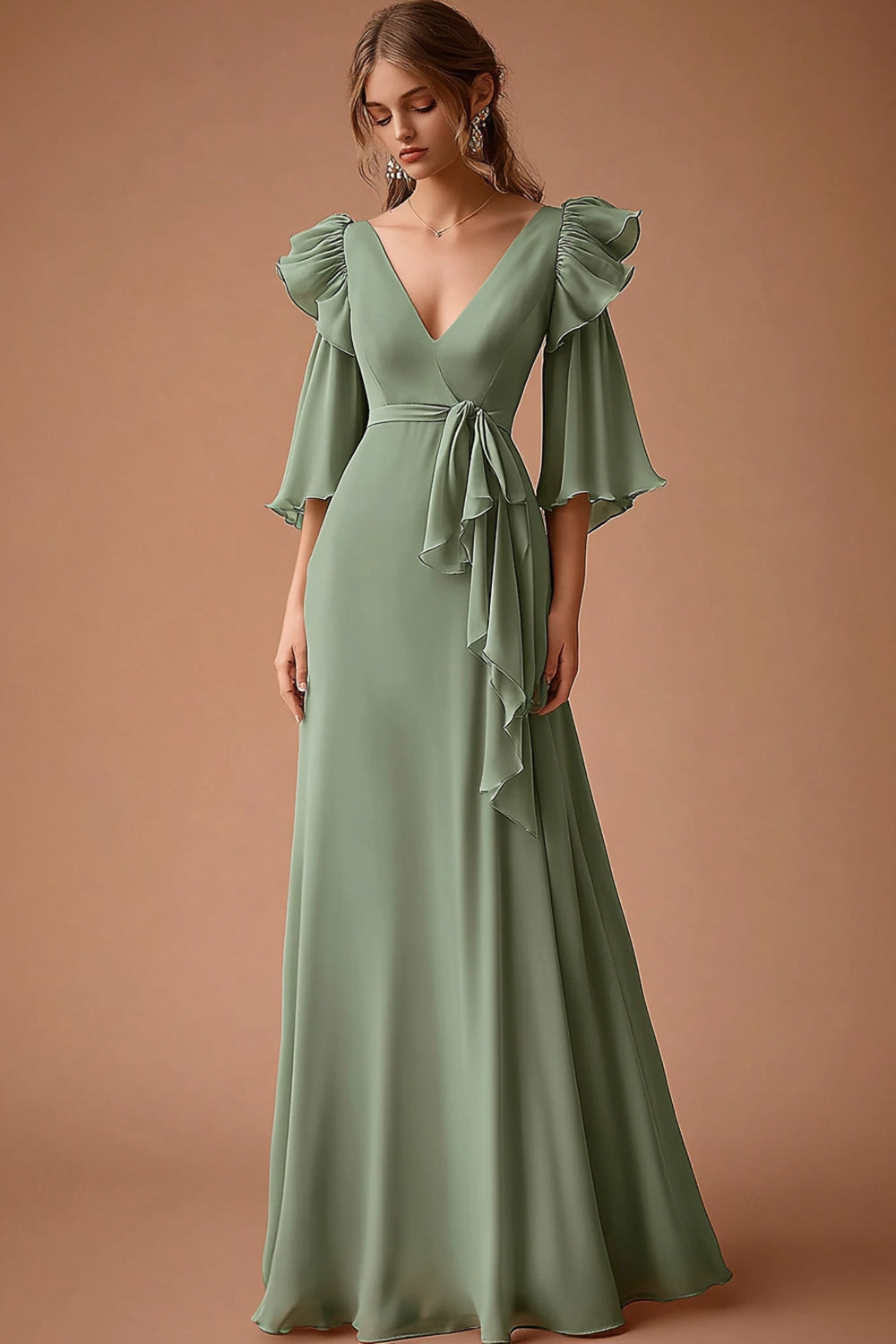 Dusty Sage V-Neck Ruffled Chiffon A Line 3/4 Sleeves Long Formal Dress