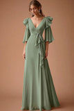 Dusty Sage V-Neck Ruffled Chiffon A Line 3/4 Sleeves Long Formal Dress
