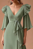 Dusty Sage V-Neck Ruffled Chiffon A Line 3/4 Sleeves Long Formal Dress