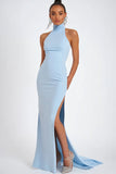 Sky Blue Halter Satin Mermaid Long Formal Dress with Slit