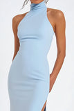 Sky Blue Halter Satin Mermaid Long Formal Dress with Slit