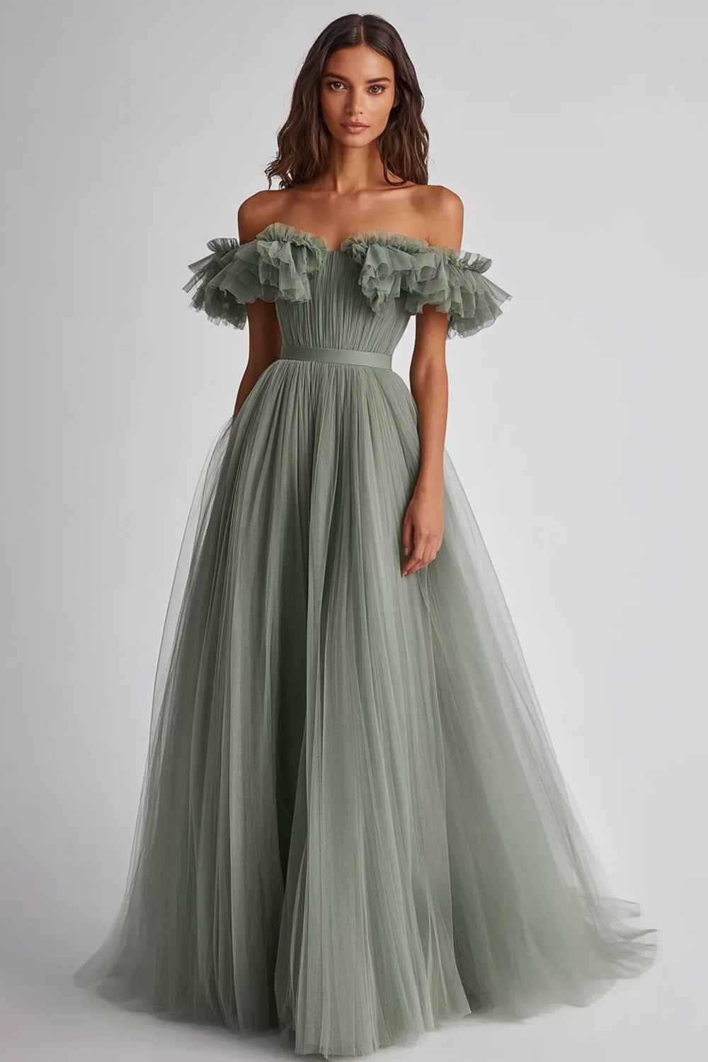 Dusty Sage Tulle Off The Shoulder Ruffled Ball Gown Long Formal Dress
