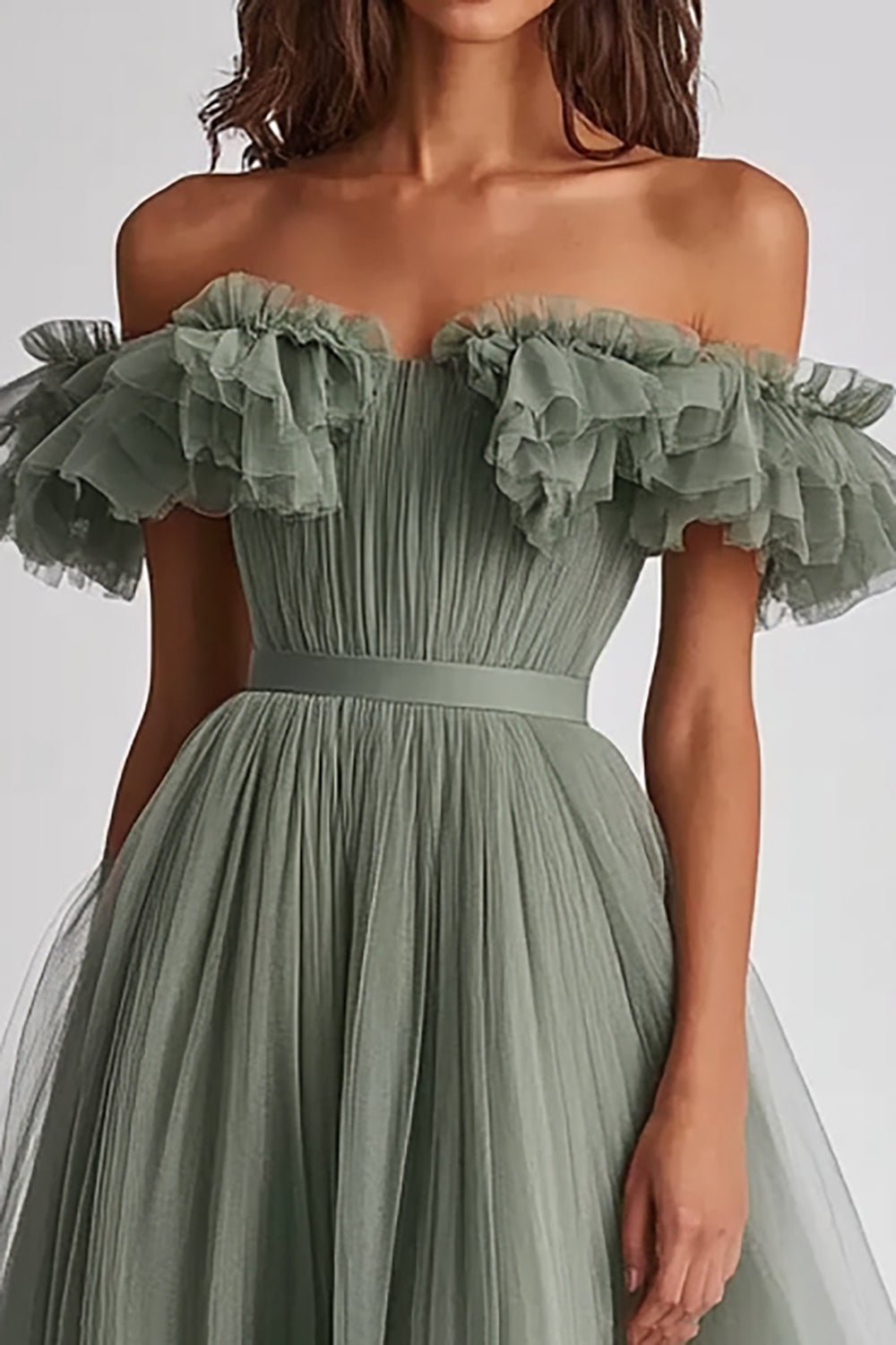 Dusty Sage Tulle Off The Shoulder Ruffled Ball Gown Long Formal Dress