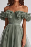 Dusty Sage Tulle Off The Shoulder Ruffled Ball Gown Long Formal Dress