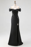 Black Off The Shoulder Mermaid Satin Long Formal Dress with Slit