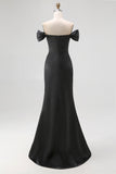 Black Off The Shoulder Mermaid Satin Long Formal Dress with Slit