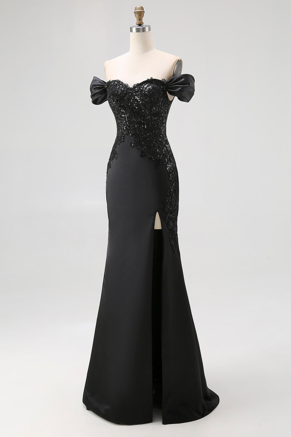 Black Off The Shoulder Mermaid Satin Long Formal Dress with Slit