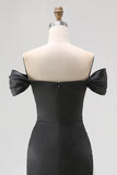 Black Off The Shoulder Mermaid Satin Long Formal Dress with Slit