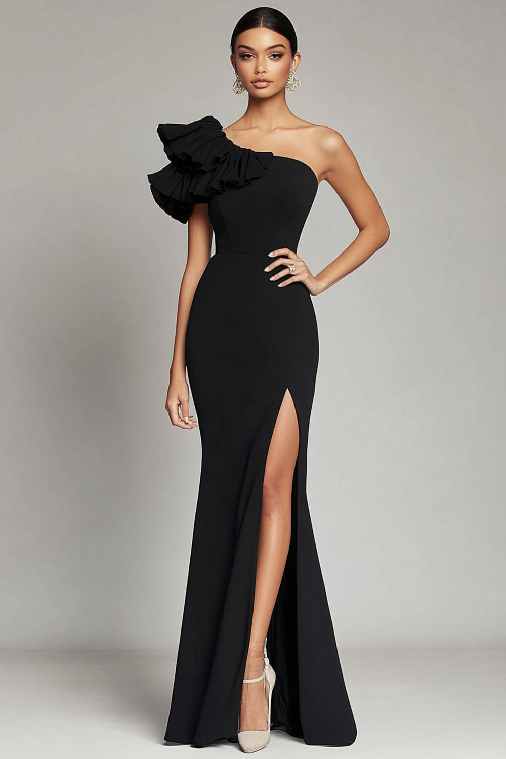 Black One Shoulder Ruffled Mermaid Satin Long Formal Dress with Slit