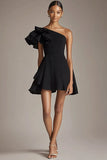 Black Satin One Shoulder A Line Ruffled Short Cocktail Dress