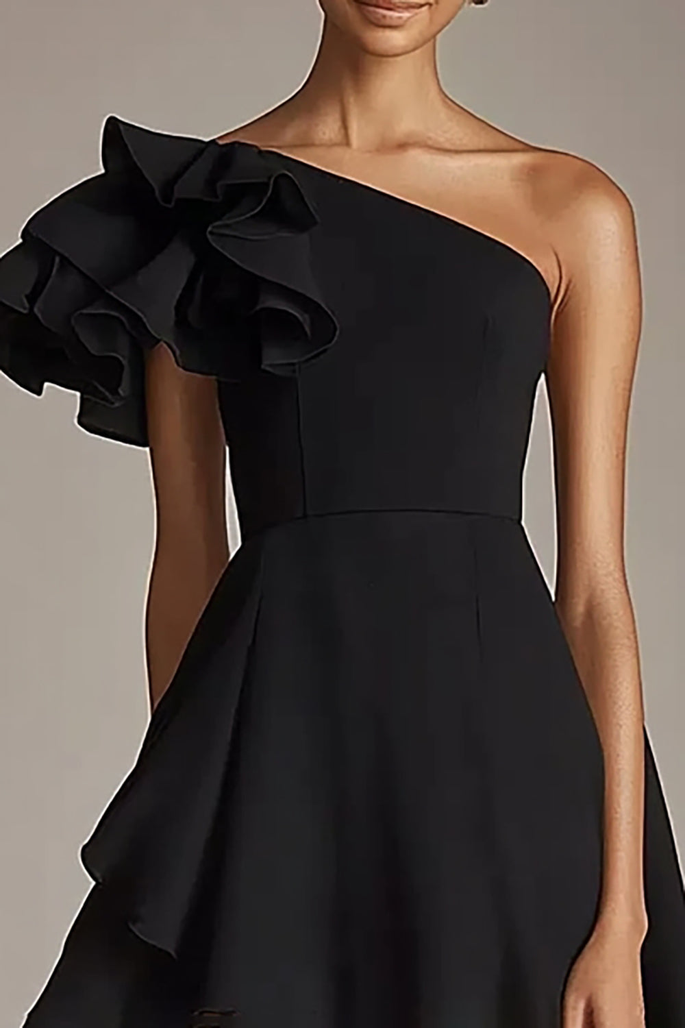 Black Satin One Shoulder A Line Ruffled Short Cocktail Dress