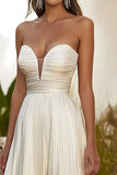 Champagne A Line Strapless Pleated Long Wedding Guest Dress