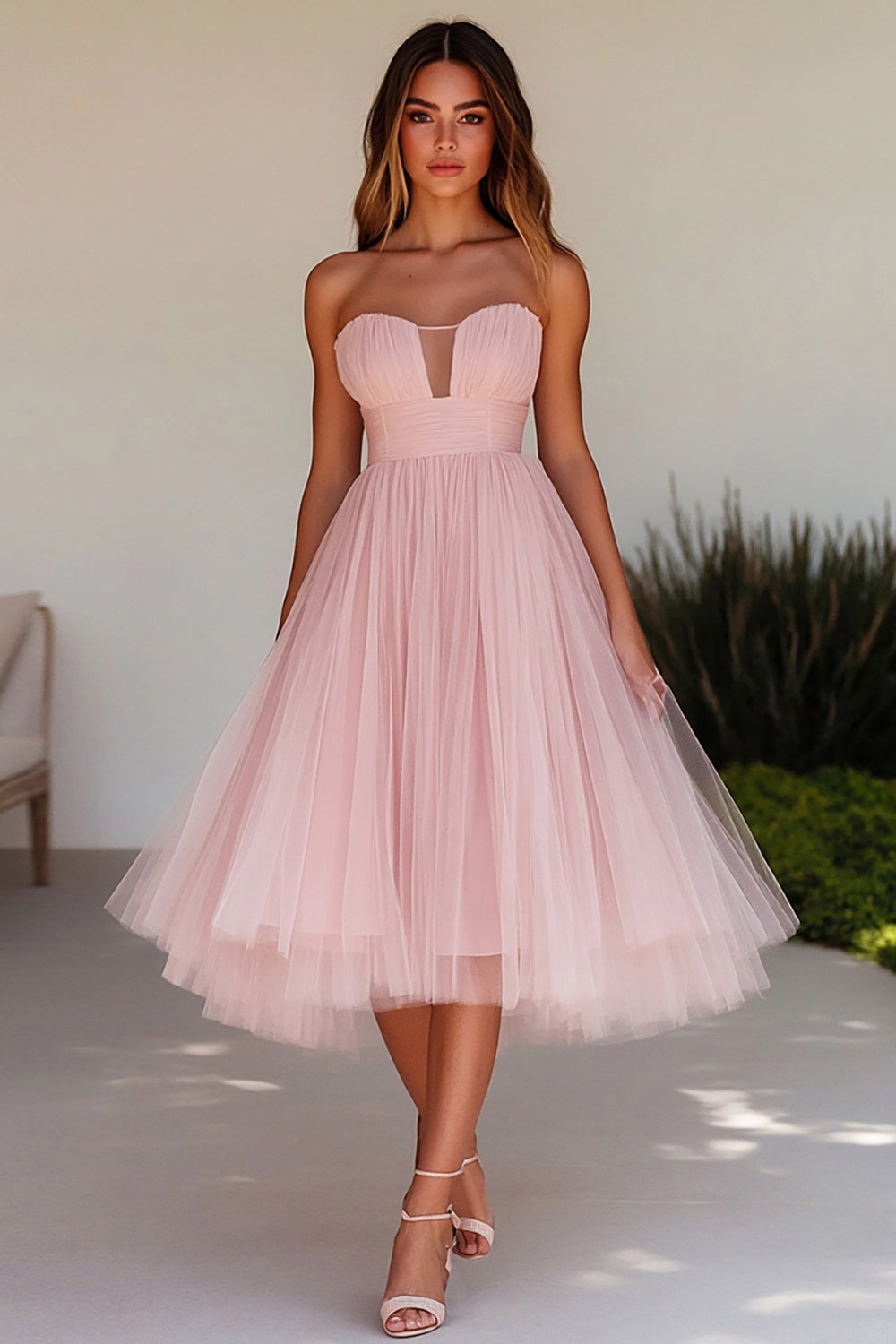 Pink A Line Strapless Tulle Long Wedding Guest Dress