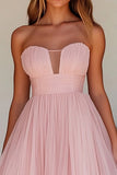 Pink A Line Strapless Tulle Long Wedding Guest Dress