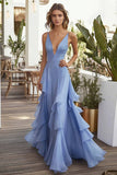 Light Blue V Neck A Line Ruffled Long Wedding Guest Dress