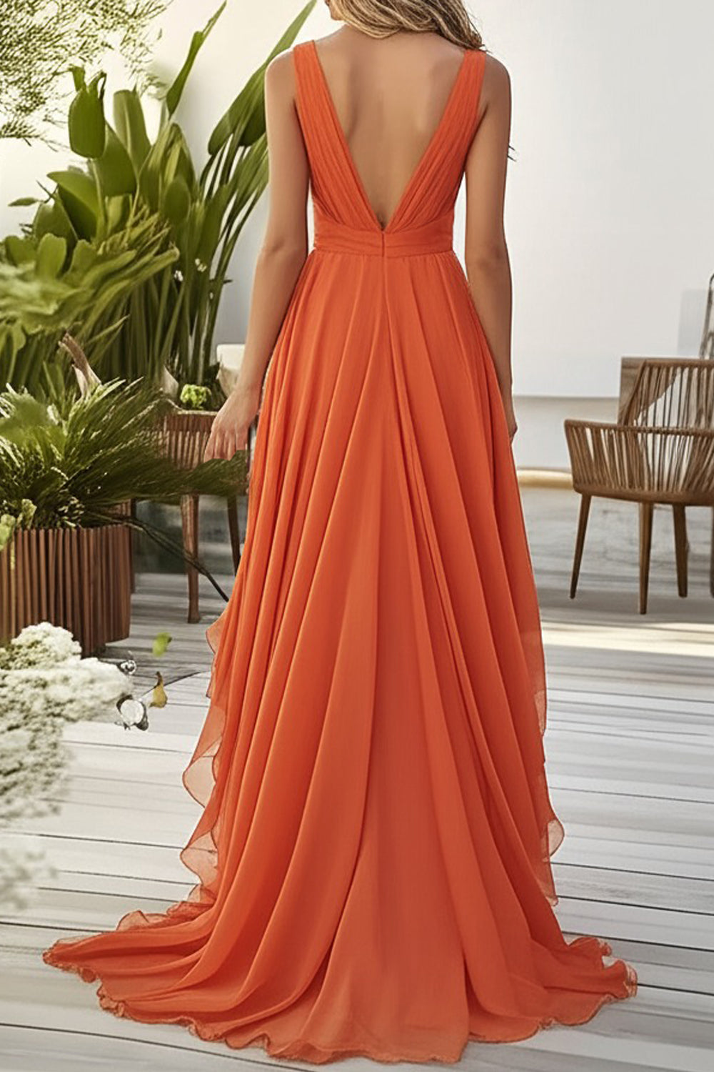 Orange Ruffled A Line Chiffon V Neck Long Formal Dress