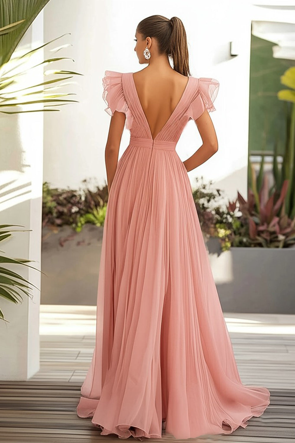 Pink Chiffon A Line Ruffled V Neck Long Wedding Guest Dress
