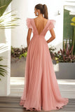 Pink Chiffon A Line Ruffled V Neck Long Wedding Guest Dress