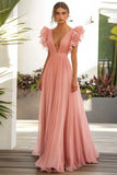 Pink Chiffon A Line Ruffled V Neck Long Wedding Guest Dress