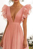 Pink Chiffon A Line Ruffled V Neck Long Wedding Guest Dress