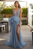 Dusty Blue V Neck Ruffled Long Wedding Guest Dress With Slit