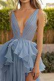 Dusty Blue V Neck Ruffled Long Wedding Guest Dress With Slit