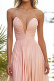 Pink Chiffon A Line Spaghetti Straps Pleated Long Wedding Guest Dress