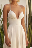 Champagne Chiffon Pleated Spaghetti Straps A Line Long Formal Dress