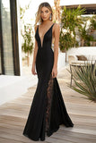 Black Mermaid Satin V Neck Long Formal Dress With Lace