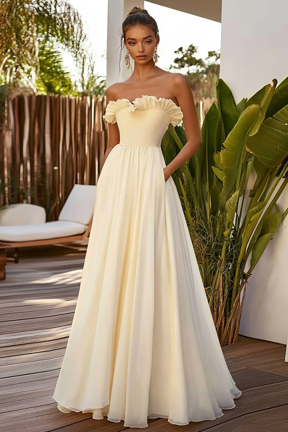 Daffodil Chiffon Strapless Ruffled A Line Long Formal Dress
