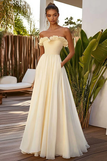 Daffodil Chiffon Strapless Ruffled A Line Long Formal Dress
