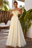 Daffodil Chiffon Strapless Ruffled A Line Long Formal Dress